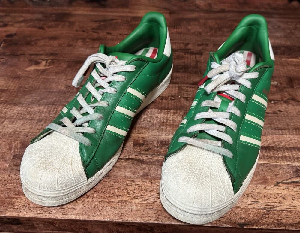 Adidas Superstar Green White Stripe Leather Sneakers Casual Shoes Size 12.5